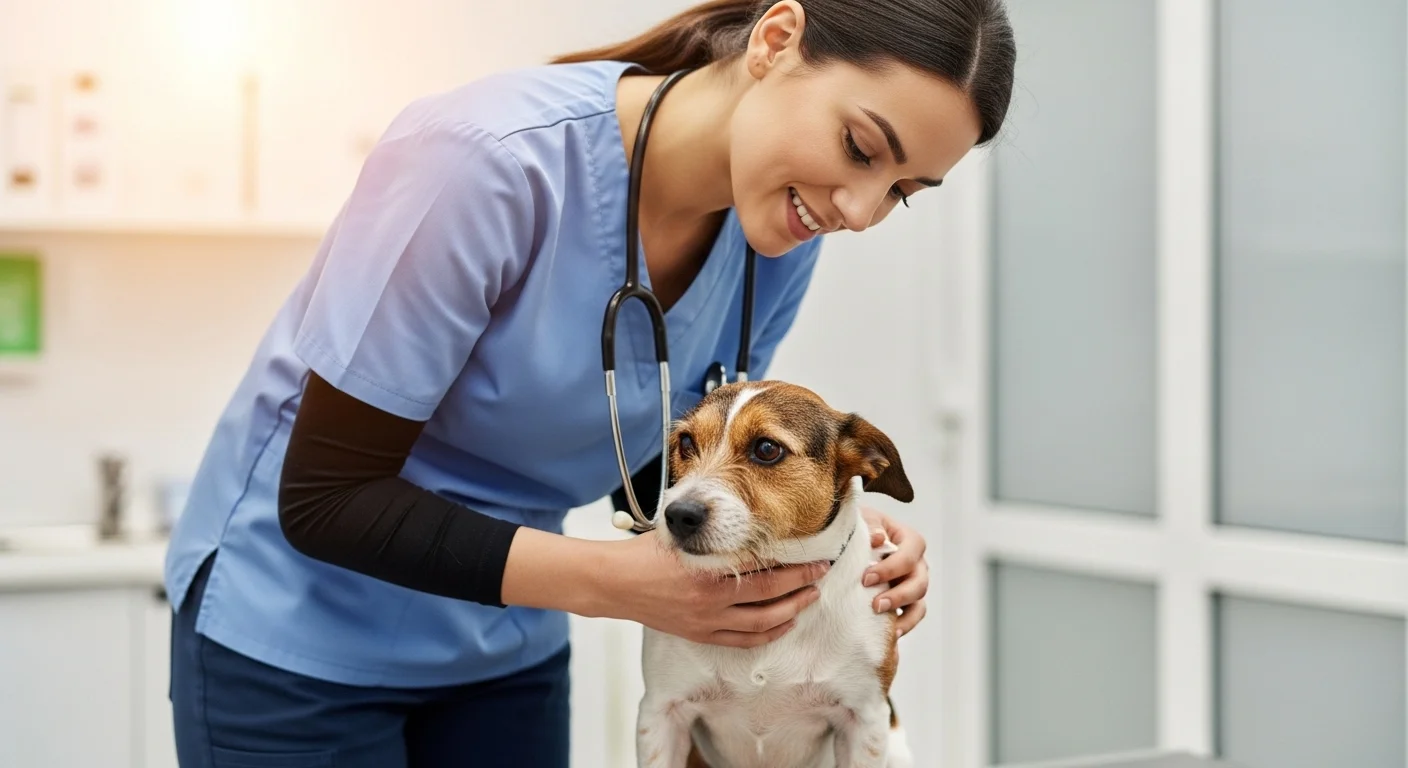A friendly female veterinarian gently caring for an animal.